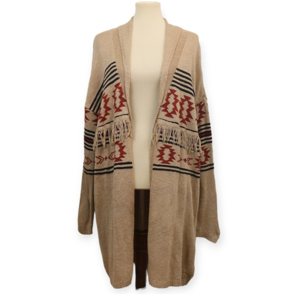 Maurices Tan Knit Aztec Southwestern Fringe Long Cardigan Sweater